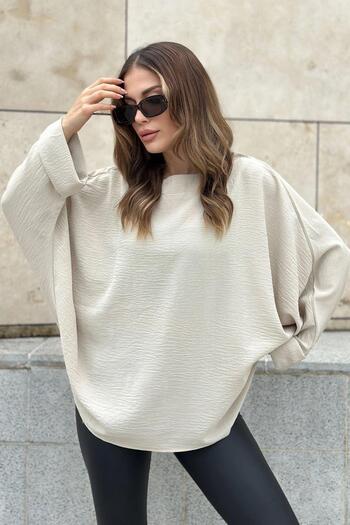 NEW LAVİVA Γυναικεία μπεζ μπλούζα με διπλό μανίκι Owersize Casual - 700-2943