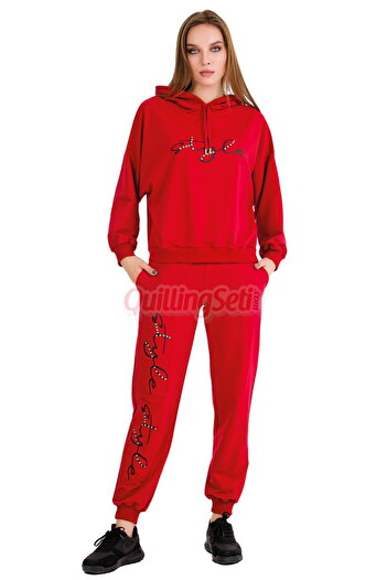 quilling Long Sleeve 22081 Women's Sports Tracksuit Set with Hood and Kangaroo Pocket Red Color