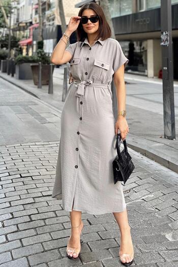 NEW LAVİVA Women's Gray Pocketed Belted Safari Shirt Dress - 700-K4045