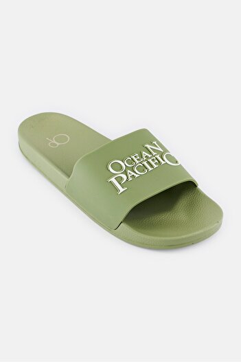 Ocean Pacific Men Brand Logo Slip On Slides, Olive