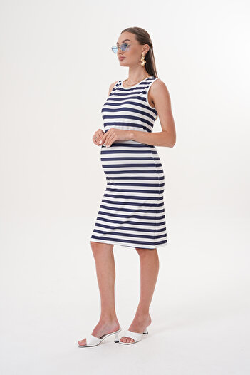 Miss Dünya Lissa Sleeveless Round Neck Fittle Camisole Striped Midi Maternity and Maternity Dress
