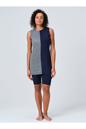 ALFASA One Side Patterned Zero Sleeve Semi Closed Swimsuit - Navy Blue - Alfasa
