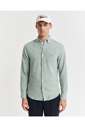 Gant Erkek Yeşil Regular Fit Düğmeli Yaka Çizgili Gömlek