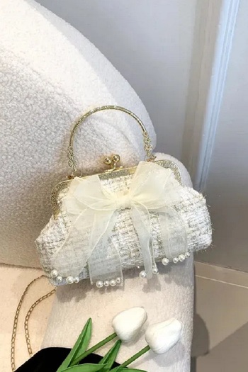 OzzTakı Pearl Evening Women's Shoulder Bag, Luxury Evening Dress Bag Is High Quality and Showy with Ribbon Detail