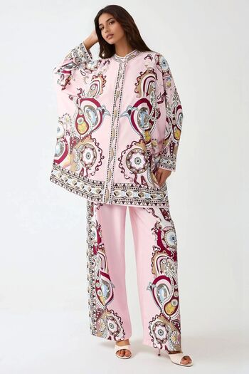 Hiccup Patterned Oversize Shirt & High Waist Wide Leg Modest Double Suit