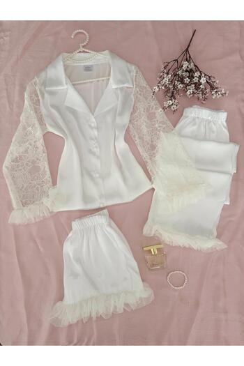 MH Moony Homewears 3-Piece Cansel White Sleeve Tulle Detailed Satin Pajamas