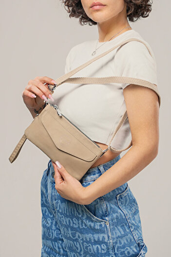 Getcho Kolek Beige Women's Crossbody Bag Small Size Zippered Waterproof Minimal Model for Daily Use