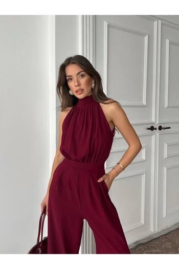 MAXMOOR Women's Burgundy Halter Neck Long Waist Jumpsuit