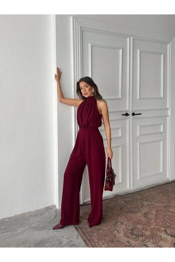 MAXMOOR Women's Burgundy Halter Neck Long Waist Jumpsuit