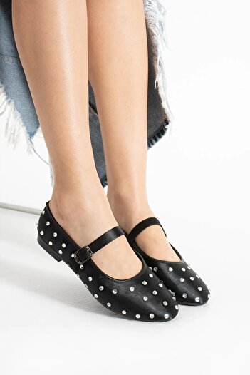 Nstil Daily Women's Black Ballerina Ballerina Silver Stone Banded Buckle Low Heeled Soft Comfortable Shoes K-128