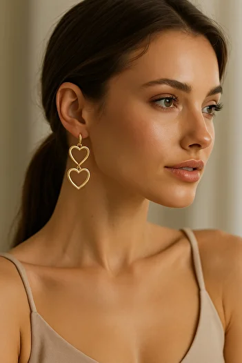 Luminos Butik Twin of Love: Double Heart Earrings with Dangle Mk0010-Gold