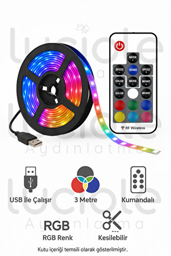 luciole RGB Şerit LED Işık 3 Metre | USB Girişli Kumandalı Ambiyans Lamba – TV Arkası & Lambader Alternatifi