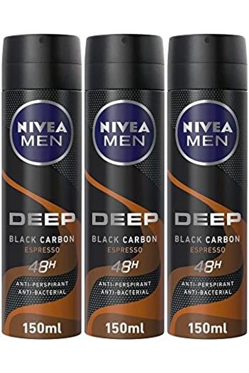 NIVEA MEN Antiperspirant Spray for Men, Antibacterial DEEP Black Carbon Espresso, 3x150ml
