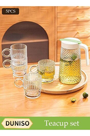 Generic Five-Piece Set Of Four Water Cups, Glass Kettle Set, Glass Water Jug Set, Diamond Pattern, Large Cap