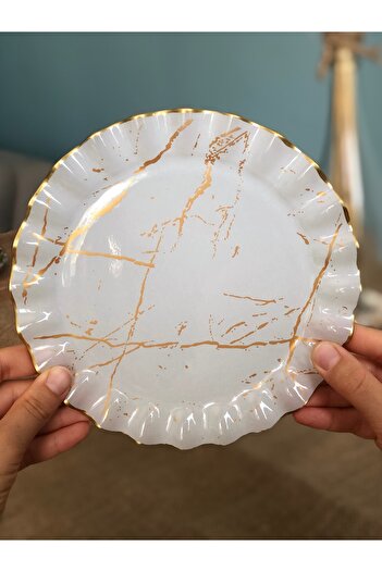 B&M White Marble Patterned Curved Dessert Plate 6 Pieces