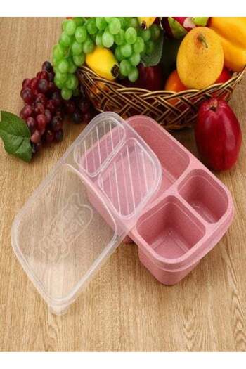 HALAMODO 3 Grids Wheat Straw Lunch Box With Lid Pink/Clear