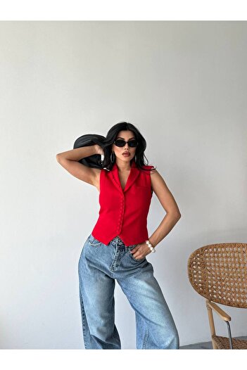 ZF BUTİK Blazer Vest Jacket with Button Detail at the Collar