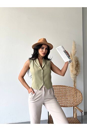 ZF BUTİK Blazer Vest Jacket with Button Detail at the Collar