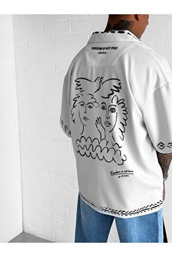 ablukaonline Men's Patterned Super Oversize Shirt Ecru