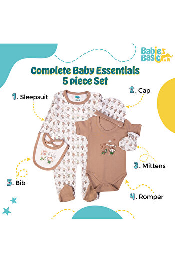 Babies Basic 5 piece New Born Set include Bib, Romper, Mittens, Cap, Sleepsuit- I can Fly, Grey