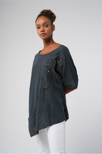Hopoi Women's Anthracite Star Embroidered Asymmetrical Tunic