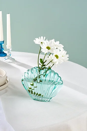 Karaca Marine Seashell Glass Vase Turquoise 14X8X19 cm