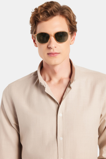 Tudors Men's Slim Fit Stone Colored Shirt - Long Sleeve, 100% Cotton Linen, Buttoned Collar