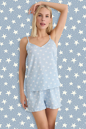 Trendyol Collection Set pijamale tricotate cu jerseu geometric albastru THMSS25PT00086
