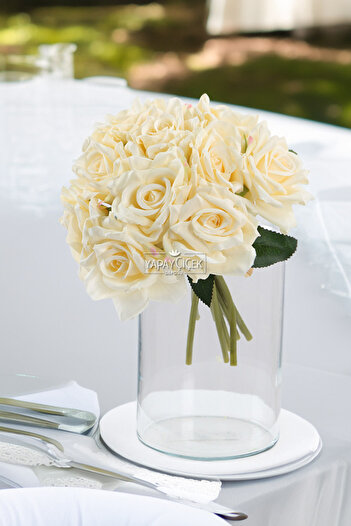 Yapay Çiçek Deposu Bunch of 10 Luxury Roses 25 Cm Cream