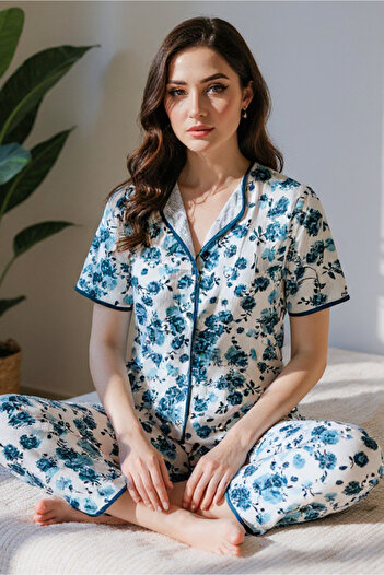 BELLA NOTTE Blue Short Sleeve Button Summer Pajama Set