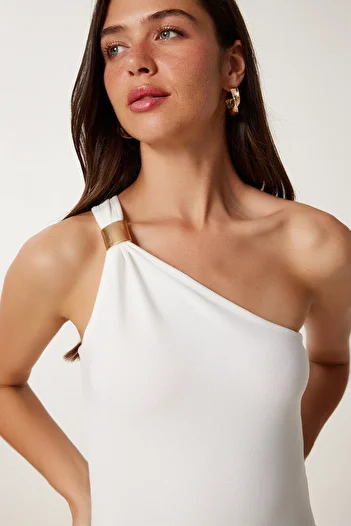 Happiness İstanbul Women's Ecru One Shoulder Ribbed Knitted Blouse Pb00044