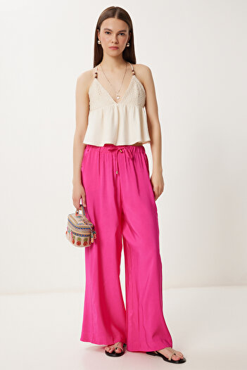 Happiness İstanbul Women's Dark Pink Wide Leg Comfortable Summer Trousers Wf00117