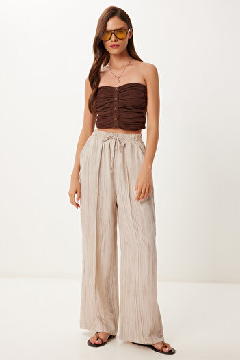 Happiness İstanbul Women's Beige Patterned Textured Linen Blended Palazzo Pants Mx00209