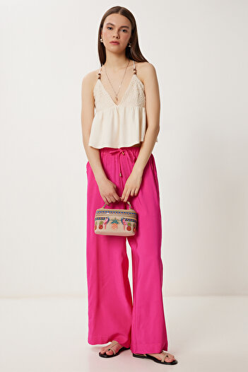 Happiness İstanbul Women's Dark Pink Wide Leg Comfortable Summer Trousers Wf00117