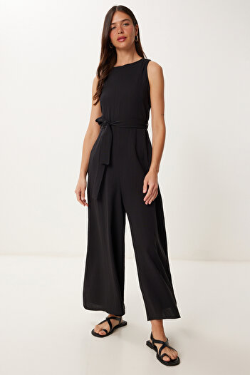 Happiness İstanbul Women's Black Belted Wide Leg Midi Woven Jumpsuit Mx00215