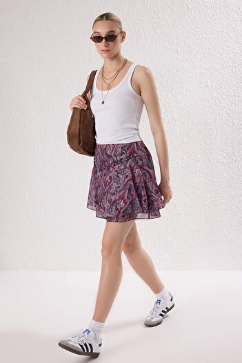 Trendyol Collection Burgundy Self Glitter Patterned Ruffle Mini Lined Chiffon Skirt Twoss25Et00203
