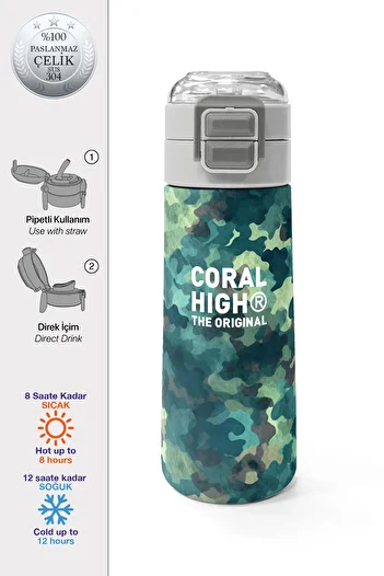 Coral High Kids Nefti Camouflage Patterned Steel Thermos with Straw and Direct Drinking 500 ml 31845
