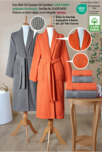 Ellaline 6 Piece Striped Bathrobe Set 100% Cotton Certified, Şalyaka Family Dowry Bathrobe Set Gray Orange