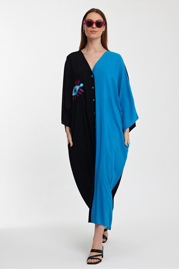 bacc Black V-Neck Embroidered Long Shirt Dress - Color Block, Bcvl-24990