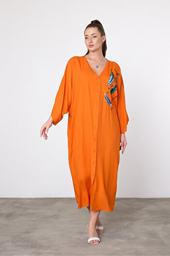 bacc Maxi Size Orange Embroidery Embroidered Woven Viscon Dress Bcvl-25V042
