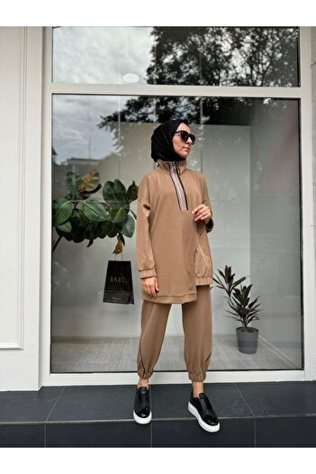 Almarwah Black Camel Modal Fabric Women's Set - Collar Zipper Detail