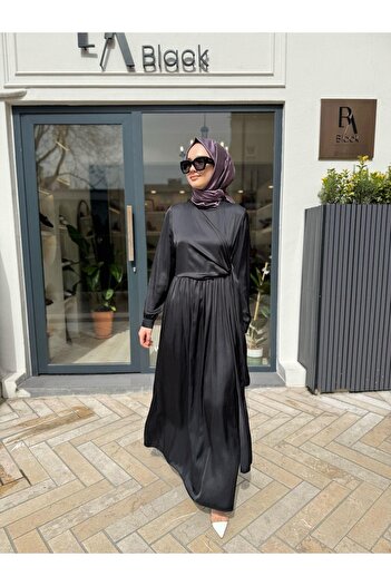 Almarwah Black Γυναικείο φόρεμα με κορδόνι στη μέση, μαύρο