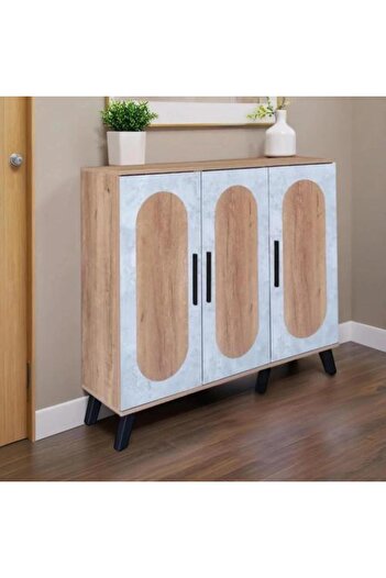 Generic Malaysian Wooden Shoe Cabinet, 5 Shelves, 3 Doors – Wood with Gray