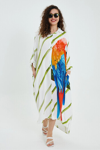 bacc Green V-Neck Striped Shirt Dress - Loose Woven BCVL-24933