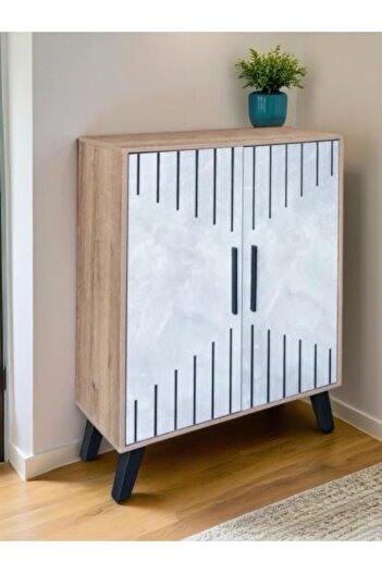 Generic Elegant and Modern Shoe Cabinet, Malaysian Wood, 4 Levels with Two Doors, Wooden and Gray