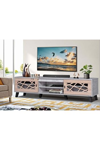 BAITY Modern Wooden TV Table 180 cm with Multiple Storage Drawers, 2 Levels - Gray and Beige