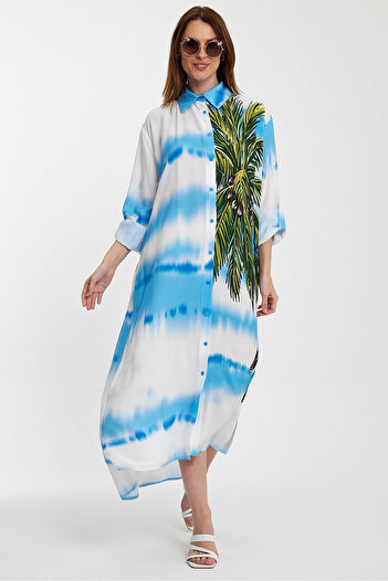 bacc Rochie cămașă țesătă lungă, albastră, cu modele florale, degradate, Bcvl-24987