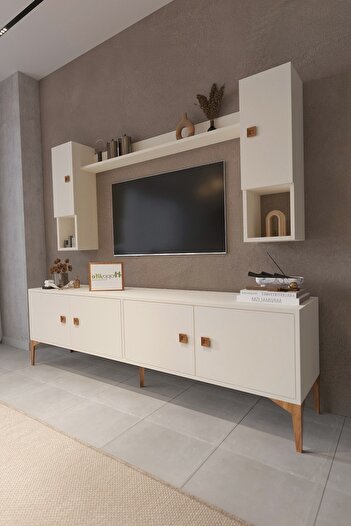 Happylife Furniture Design %100 Mdf Tv Ünitesi Raflı Dolaplı Kırık Beyaz Tv Ünitesi Açık Krem Tonlarında