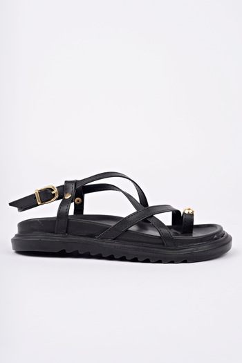 meyra'nın ayakkabıları Women's Black Daily Flip Flops Gold Buckle Detailed Orthopedic Sole Sandals