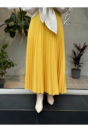 Invee Yellow Pleat Crepe Women's Skirt